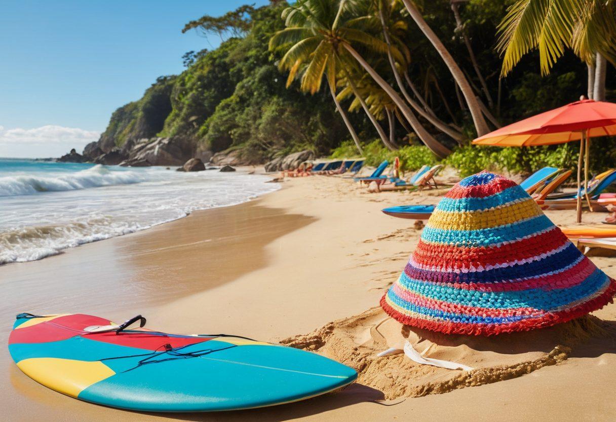 A sunny beach scene featuring a diverse group of stylish individuals flaunting trendy bikinis and summer beachwear. Include vibrant surfboards, colorful beach umbrellas, and a backdrop of clear blue skies and crashing waves. Add elements like sunglasses, beach hats, and tropical drinks to enhance the summer vibe. The image should radiate joy and fashion-forwardness, inviting readers to explore the latest trends. super-realistic. vibrant colors. bright background.