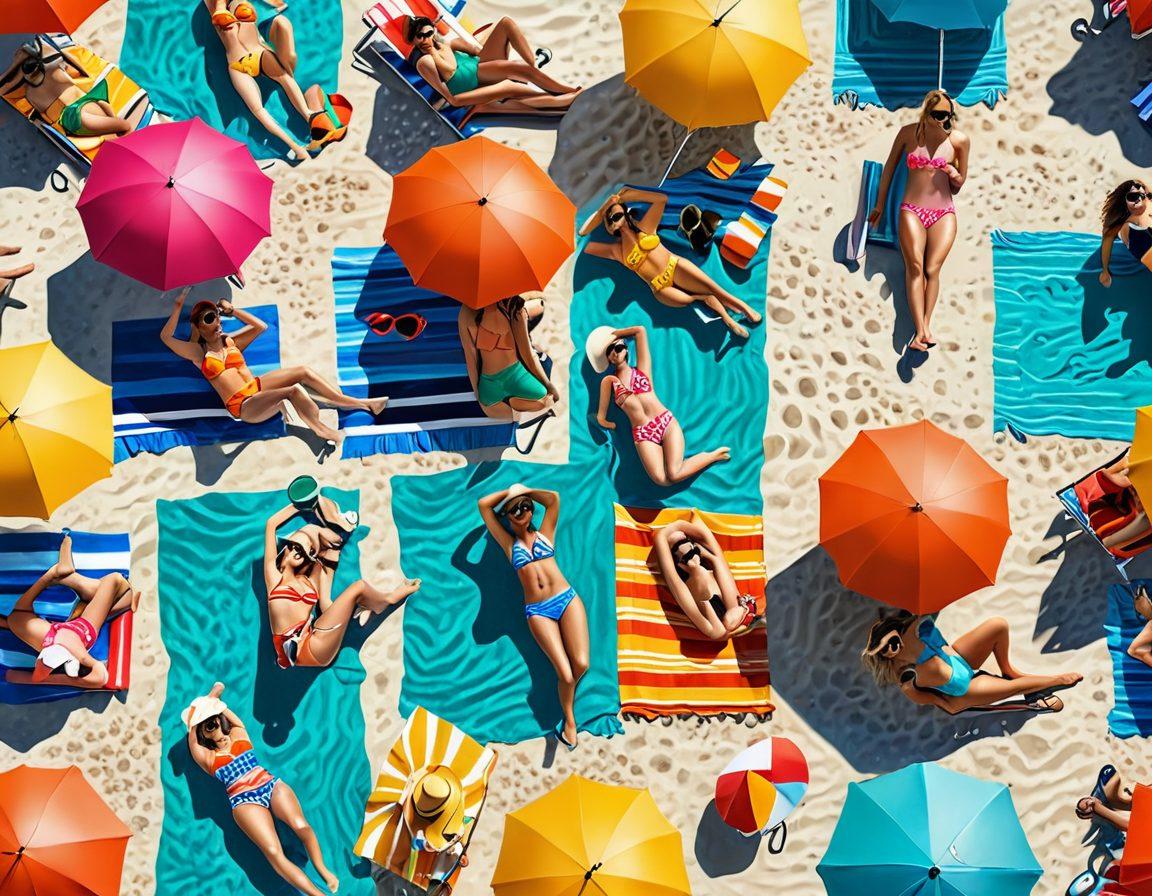 A stylish beach scene showcasing diverse individuals in trendy swimwear and vibrant accessories, lounging on colorful beach towels surrounded by sun umbrellas, with the ocean waves in the background. Include a wide variety of swimsuits, sunglasses, and hats to represent different fashion styles. Emphasize bright summer colors and a cheerful atmosphere. super-realistic. vibrant colors. 3D.